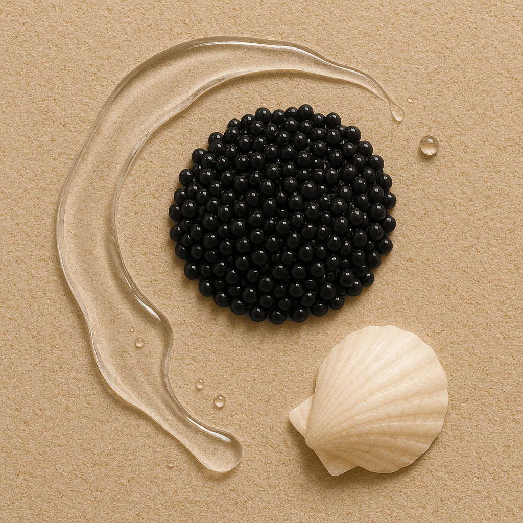 Caviar Cutis serum and eye cream styled with caviar pearls